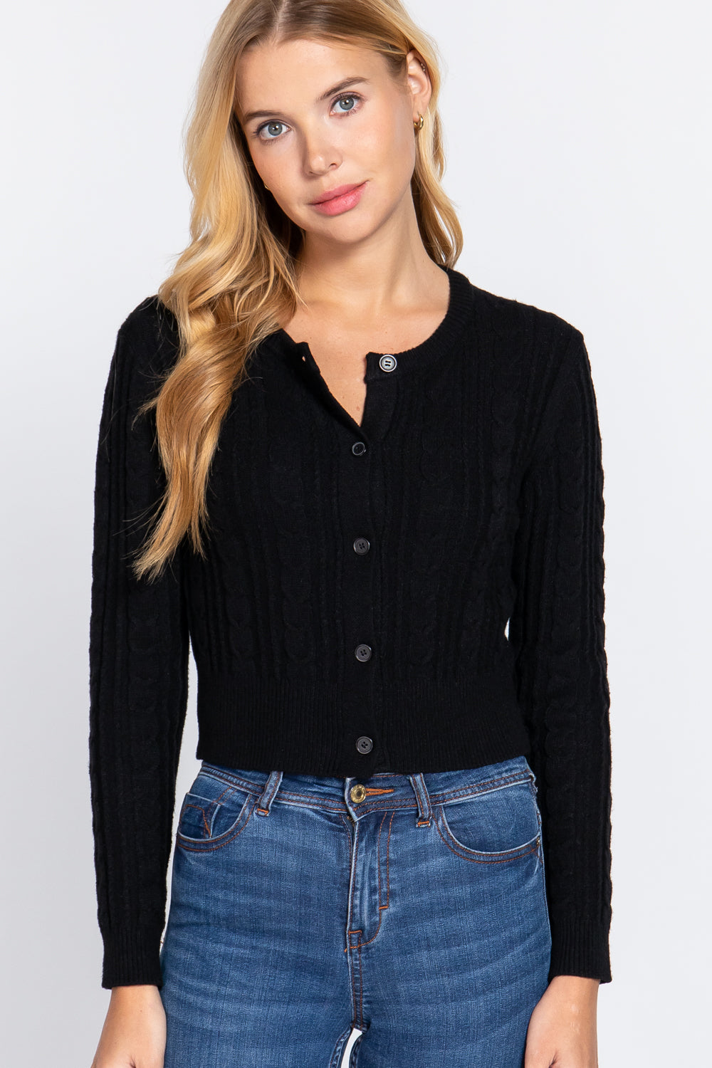Crew Neck Cable Sweater Cardigan Smile Sparker