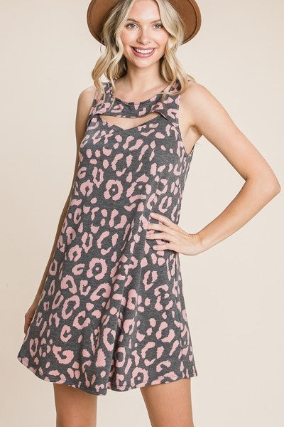 Cute Animal Print Cut Out Neckline Sleeveless Tunic Dress Smile Sparker