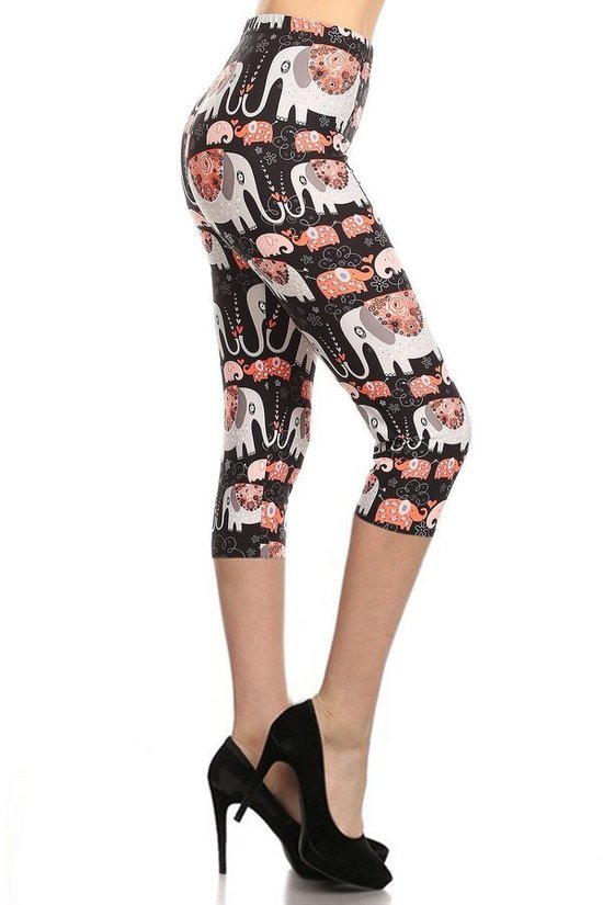 Elephants Printed, High Waisted Capri Leggings In A Fitted Style With An Elastic Waistband Smile Sparker