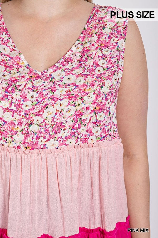 Floral Color Block Ruffle Detail Tiered V-neck Top Smile Sparker