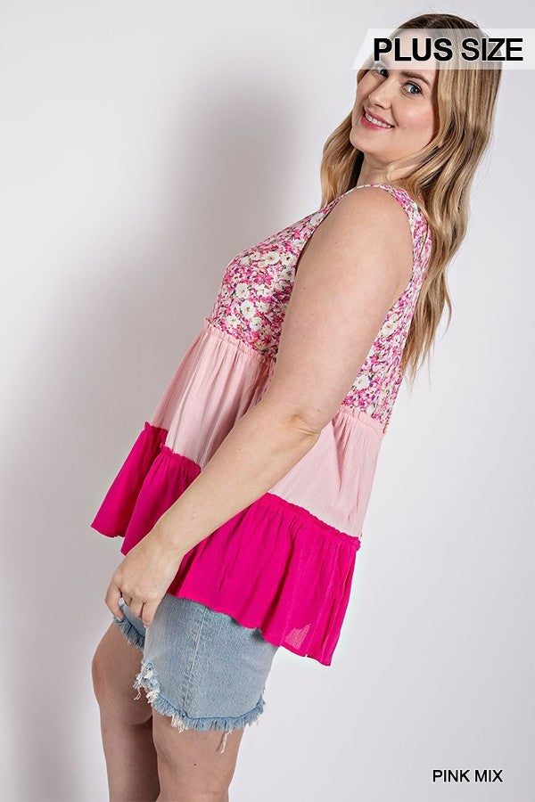 Floral Color Block Ruffle Detail Tiered V-neck Top Smile Sparker