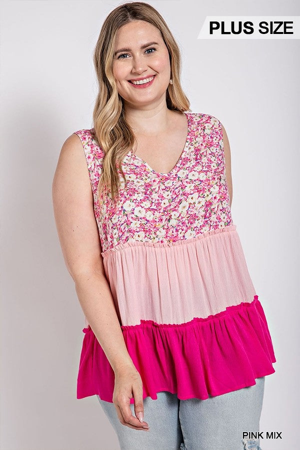 Floral Color Block Ruffle Detail Tiered V-neck Top Smile Sparker