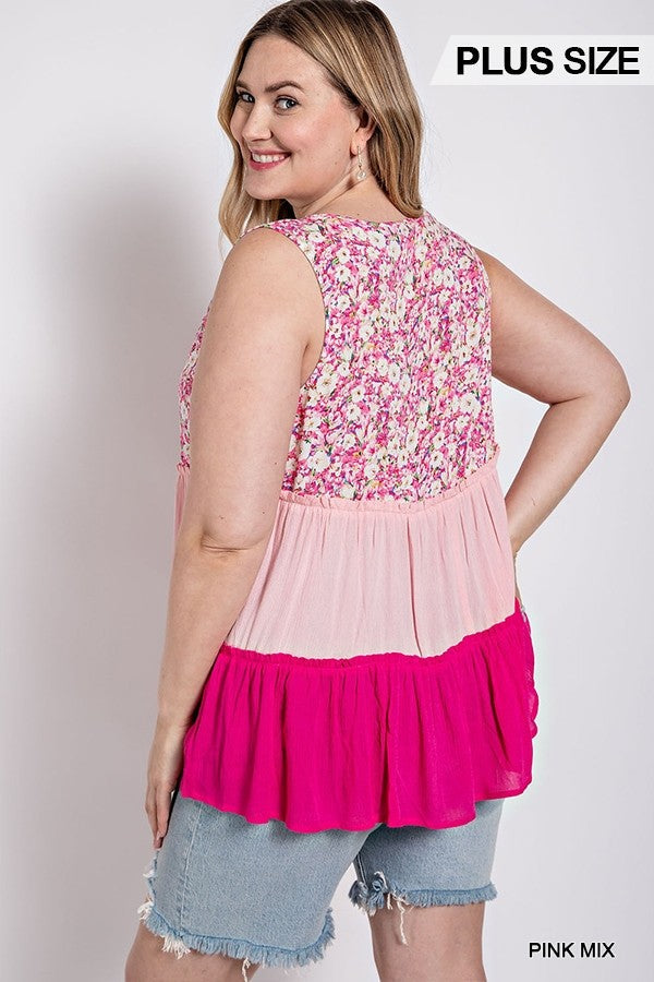 Floral Color Block Ruffle Detail Tiered V-neck Top Smile Sparker
