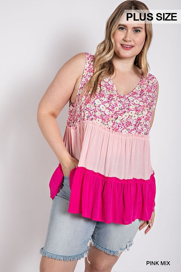 Floral Color Block Ruffle Detail Tiered V-neck Top Smile Sparker