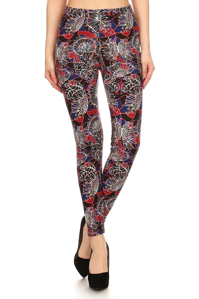 Floral Print High Waist Basic Solid Leggings With 1 Elastic Waistband Smile Sparker