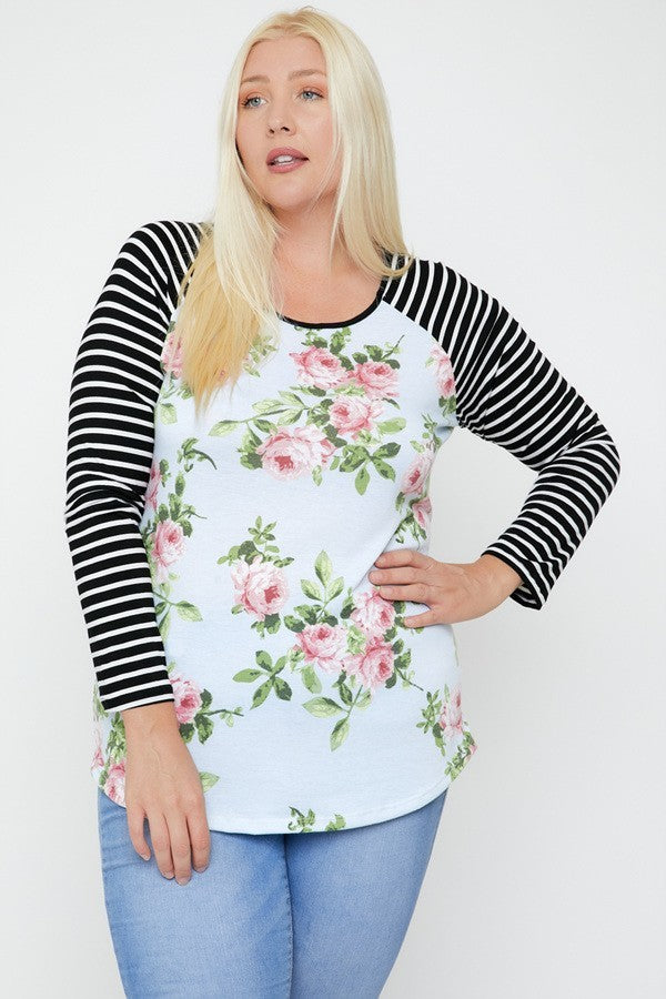 Floral Top Featuring Raglan Style Striped Sleeves And A Round Neck Smile Sparker