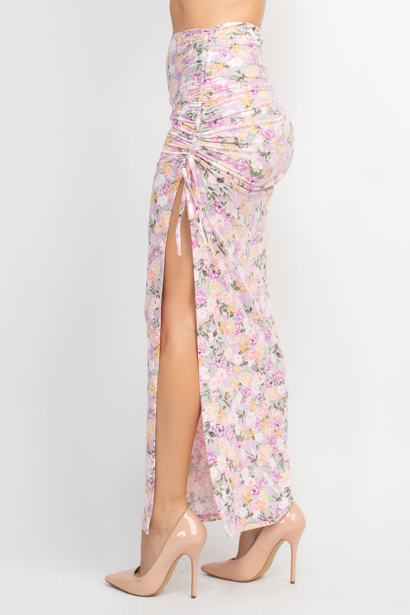 Front Knot Floral Top & Ruched Maxi Skirts Set Smile Sparker
