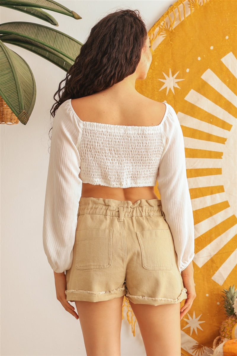 Ivory Puff Long Sleeve Smocked Back Crop Top Smile Sparker