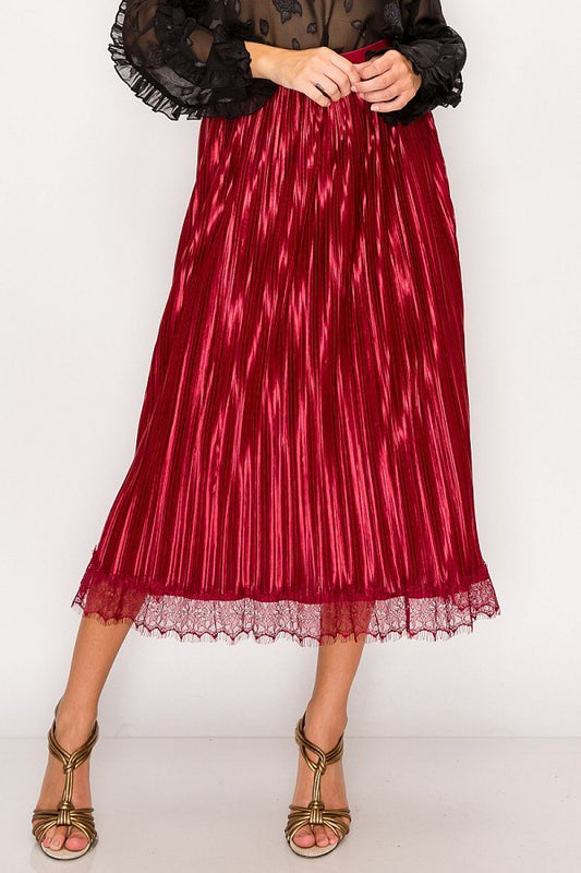 Lace Trim Accordion Pleated Midi Skirt Smile Sparker
