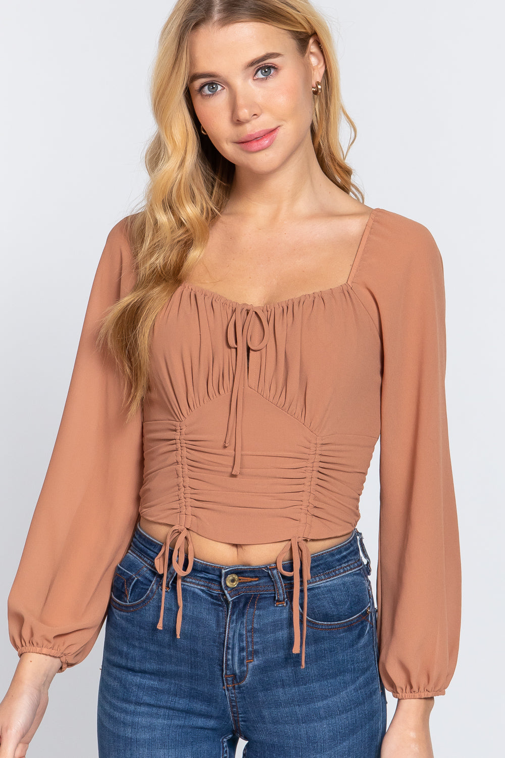 Long Sleeve Front Tied Ruched Detail Woven Top Smile Sparker