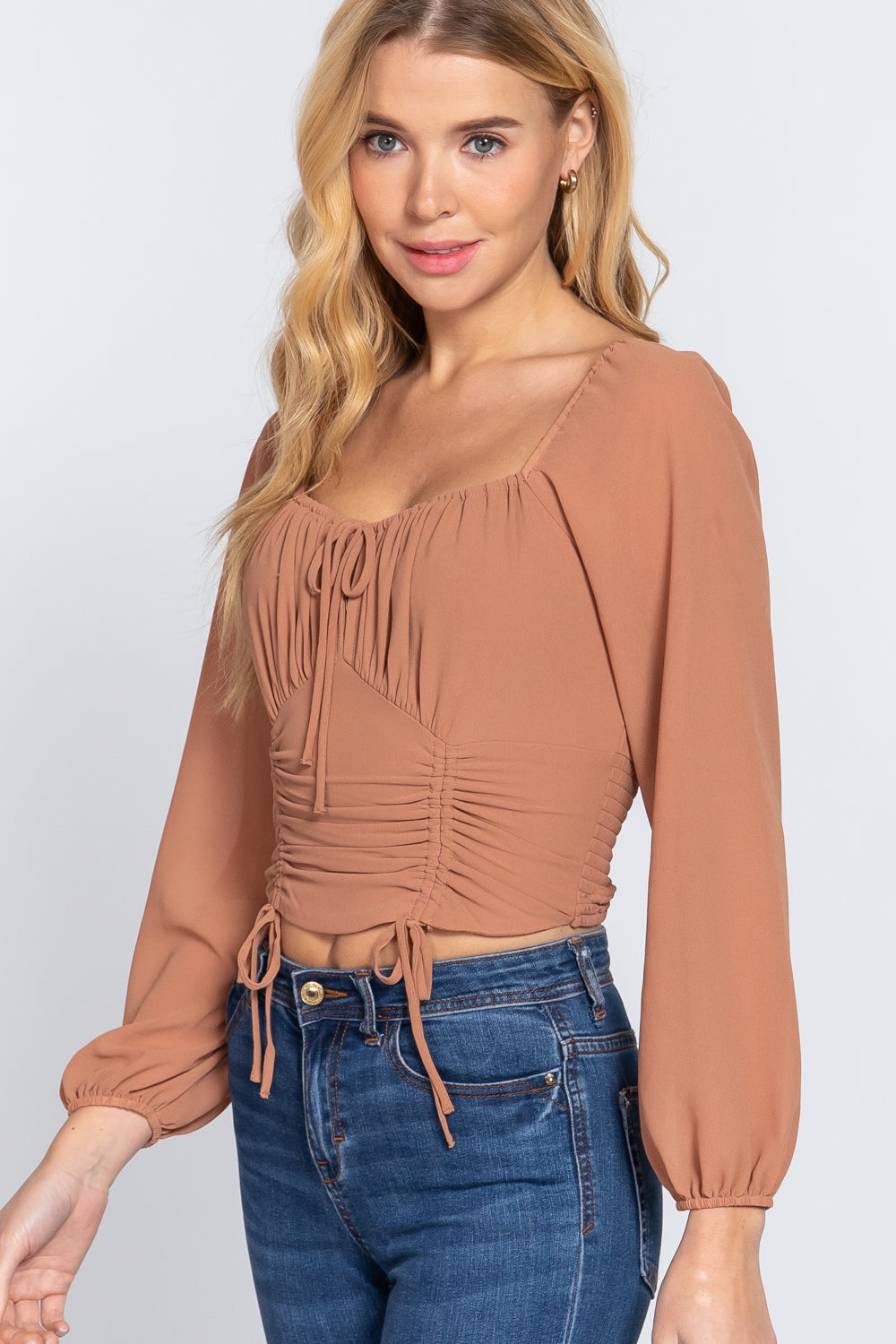 Long Sleeve Front Tied Ruched Detail Woven Top Smile Sparker