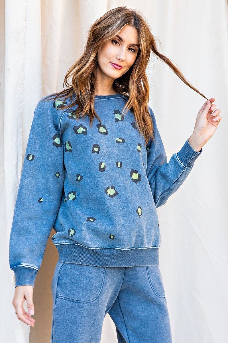 Long Sleeve Leopard Print Washed Terry Sweatshirt Smile Sparker