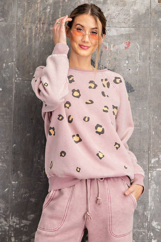 Long Sleeve Leopard Print Washed Terry Sweatshirt Smile Sparker