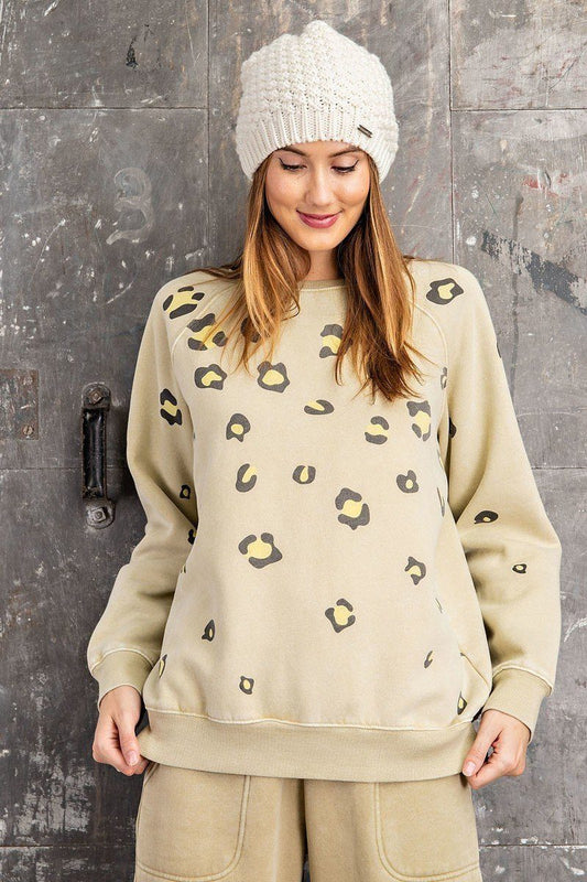 Long Sleeve Leopard Print Washed Terry Sweatshirt Smile Sparker