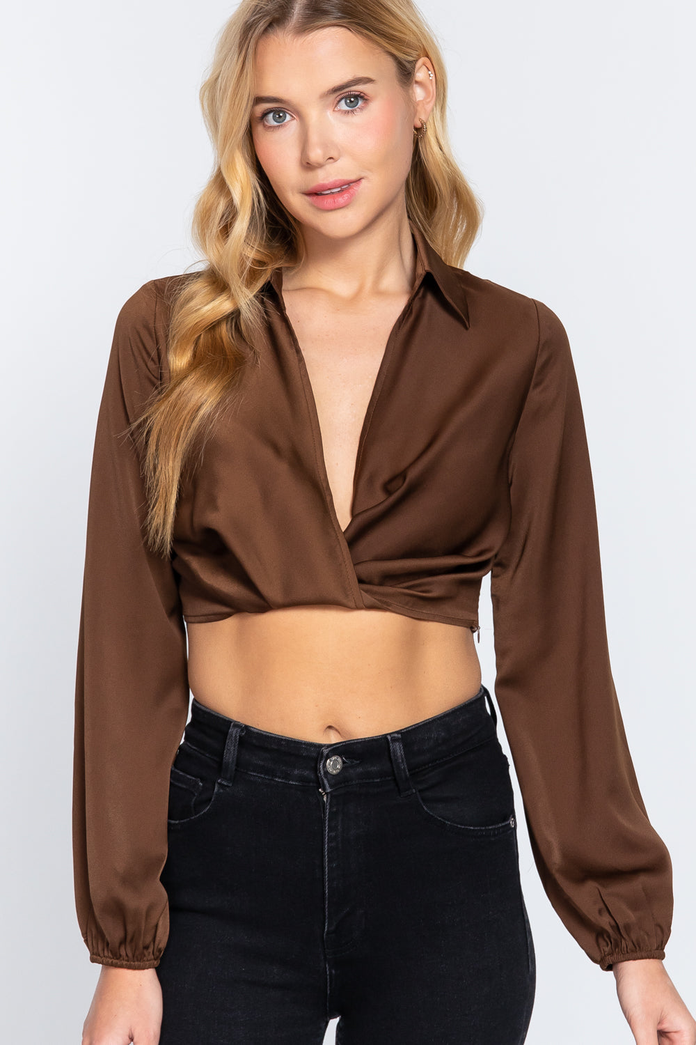 Long Sleeve Notched Collar Front Twisted Detail Crop Woven Top Smile Sparker