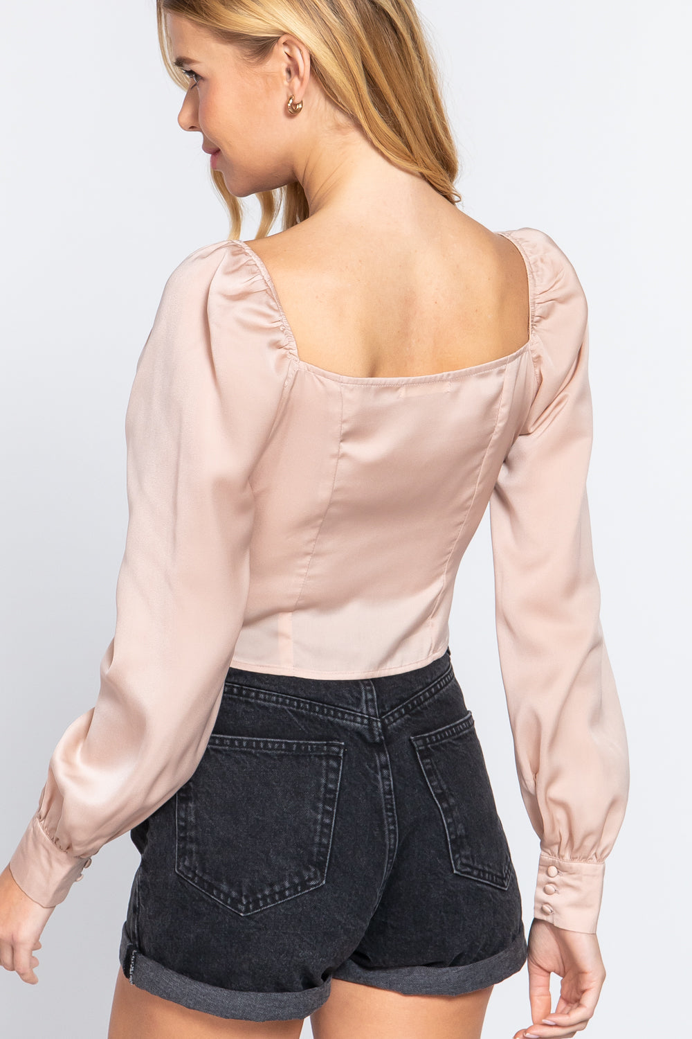 Long Sleeve Sweetheart Neck Front Ribbon Tie Detail Woven Top Smile Sparker