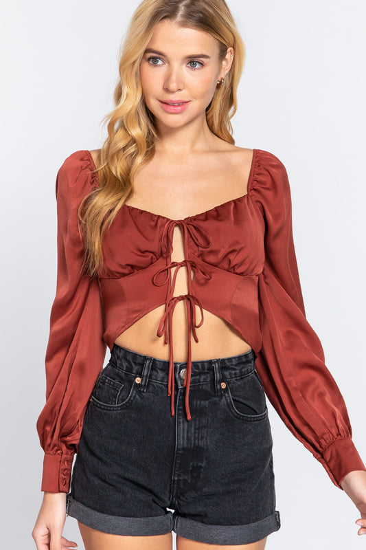 Long Sleeve Sweetheart Neck Front Ribbon Tie Detail Woven Top Smile Sparker