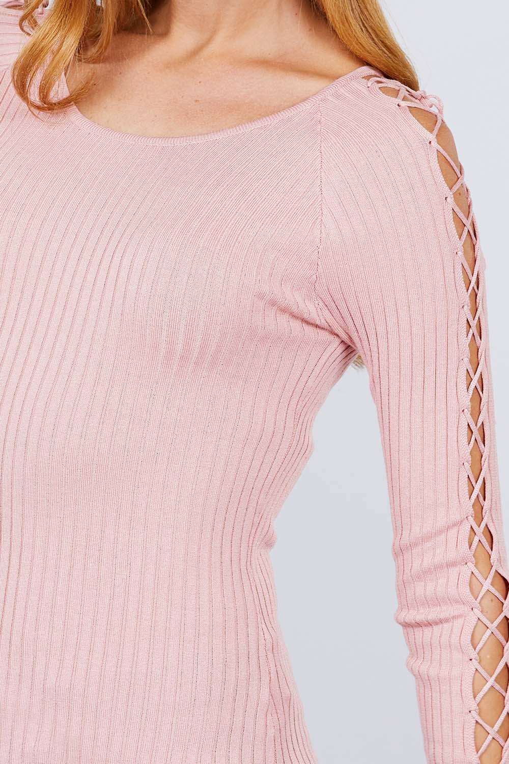 Long Sleeve W/strappy Detail Round Neck Rib Sweater Top Smile Sparker
