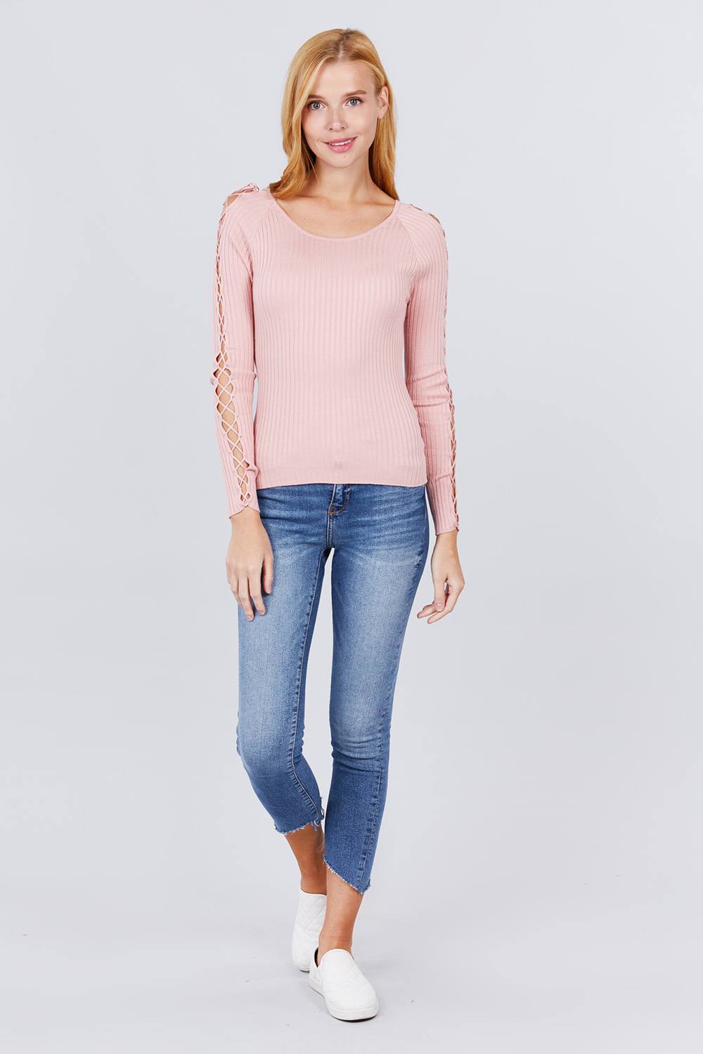 Long Sleeve W/strappy Detail Round Neck Rib Sweater Top Smile Sparker