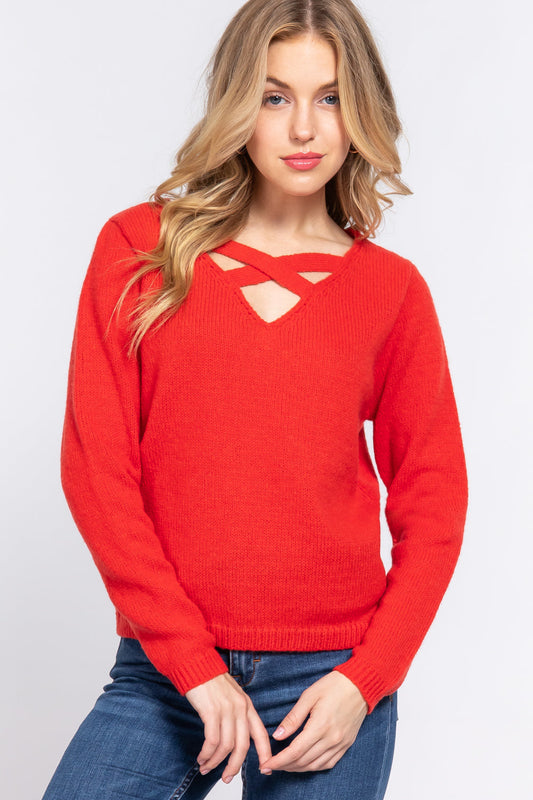 Long Slv X Strap V-neck Sweater Smile Sparker