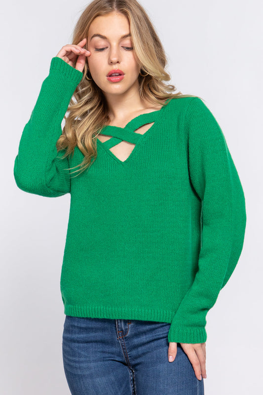 Long Slv X Strap V-neck Sweater Smile Sparker