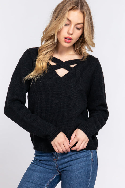 Long Slv X Strap V-neck Sweater Smile Sparker