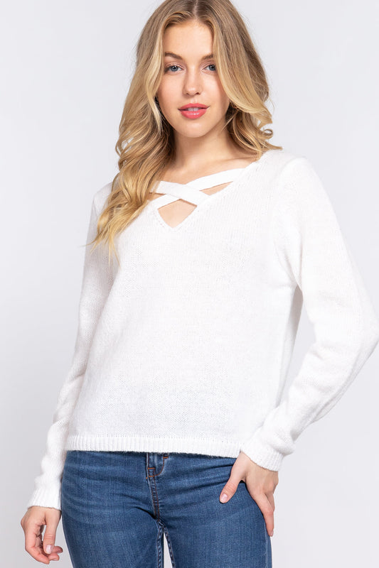 Long Slv X Strap V-neck Sweater Smile Sparker