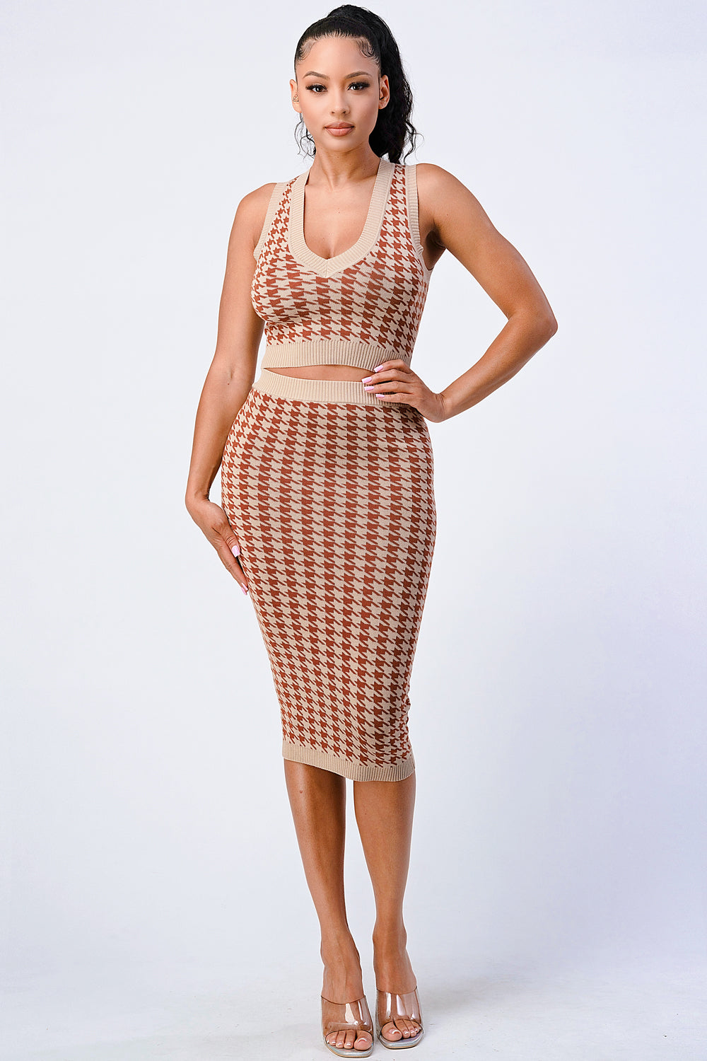 Luxe Gingham Rib Knit Top And Skirt Sets Smile Sparker