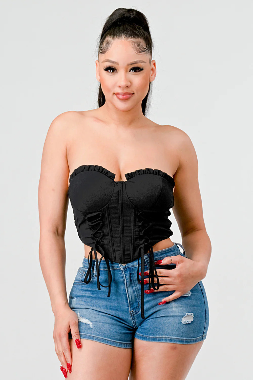 Luxe sweetheart ruffled drawstring lace bustier top Smile Sparker