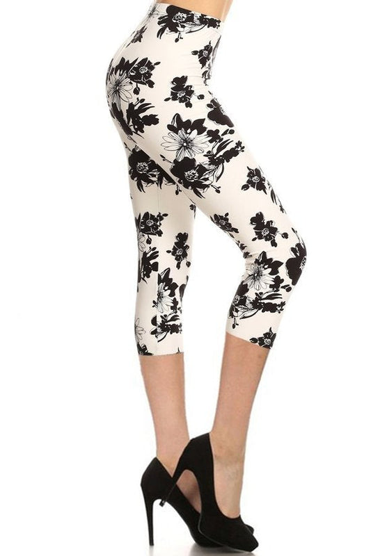 Multi-color Print, Cropped Capri Leggings In A Fitted Style With A Banded High Waist Smile Sparker