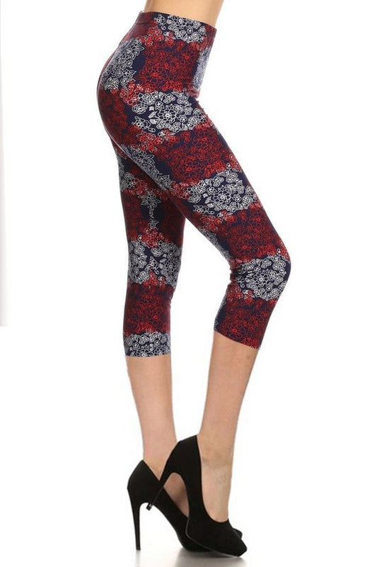 Multi-color Print, Cropped Capri Leggings In A Fitted Style With A Banded High Waist Smile Sparker