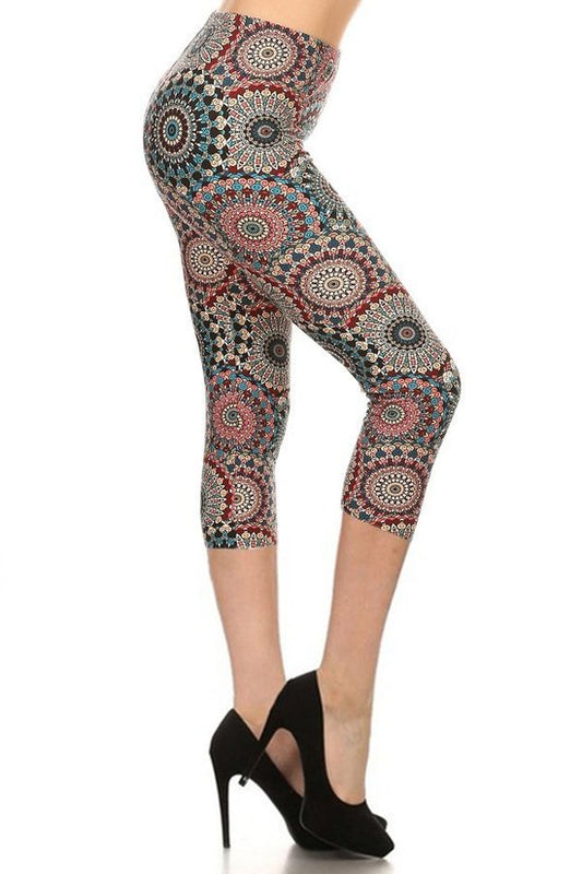 Multi-color Print, Cropped Capri Leggings In A Fitted Style With A Banded High Waist Smile Sparker