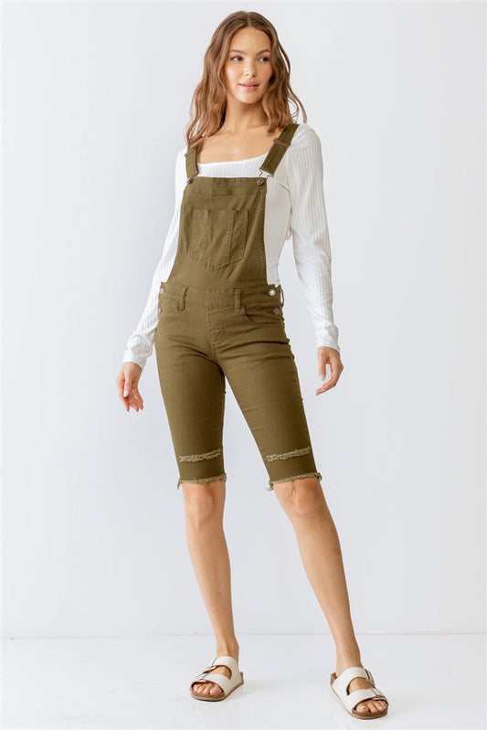 Olive Denim Distressed Detail Raw Hem Cropped Bermuda Overall Smile Sparker