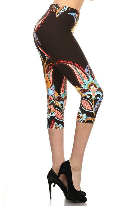 Paisley Floral Pattern Printed Lined Knit Capri Legging With Elastic Waistband. Smile Sparker