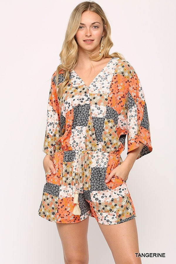 Patchwork Printed Surplice Romper With Waist Tassel Tie And Bottom Lining Smile Sparker