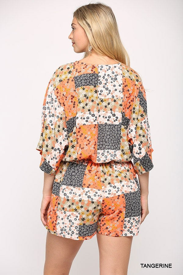 Patchwork Printed Surplice Romper With Waist Tassel Tie And Bottom Lining Smile Sparker