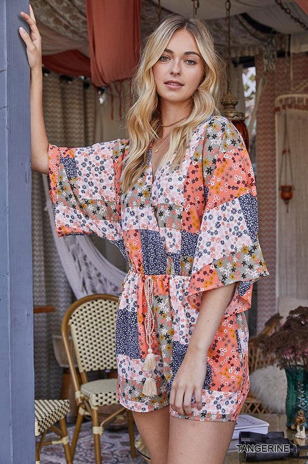 Patchwork Printed Surplice Romper With Waist Tassel Tie And Bottom Lining Smile Sparker