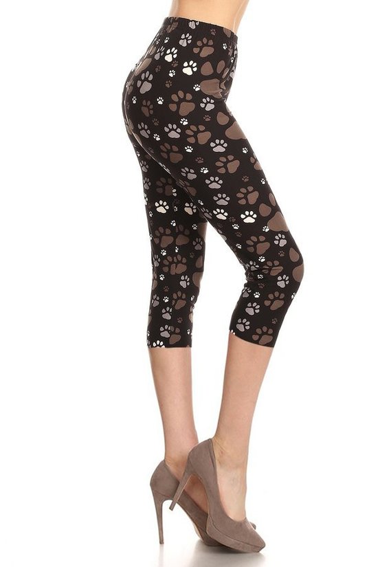 Paw Printed, High Waisted Capri Leggings In A Fitted Style With An Elastic Waistband. Smile Sparker
