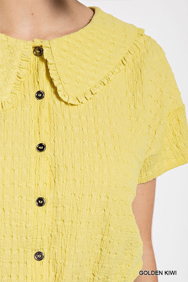 Peter pan collar textured knit button down top Smile Sparker