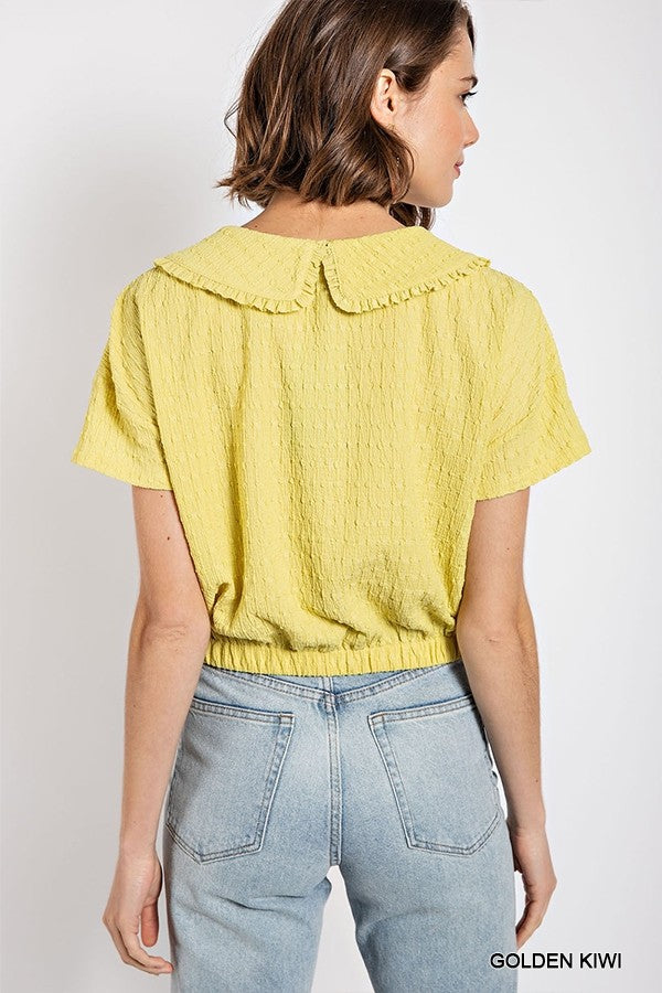 Peter pan collar textured knit button down top Smile Sparker