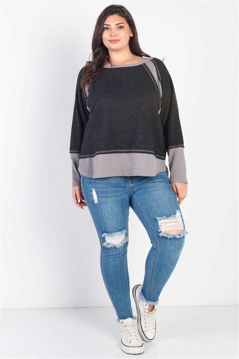 Plus Charcoal & Grey Colorblock Waffle Knit Long Sleeve Top Smile Sparker