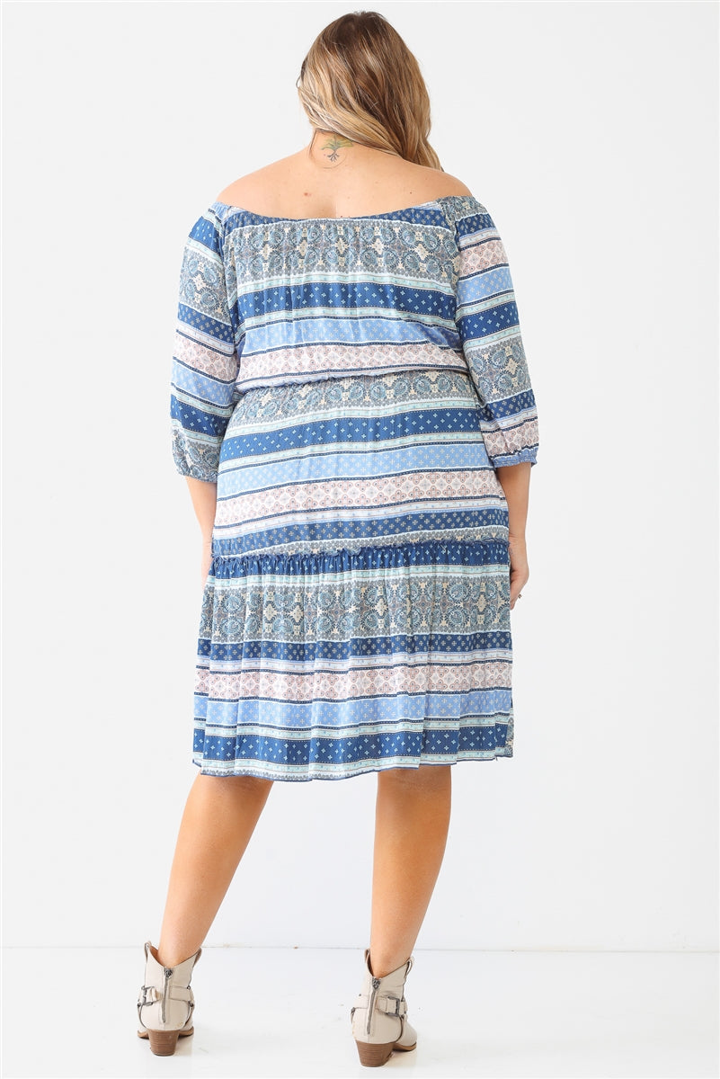 Plus Combo Printed Textured Ruffle Flare Hem Mini Dress Smile Sparker