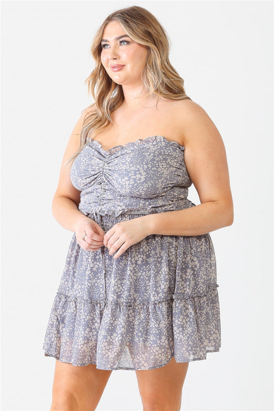 Plus Floral Print Ruched Ruffle Smocked Back Top & High Waist Flare Hem Mini Skirt Set Smile Sparker