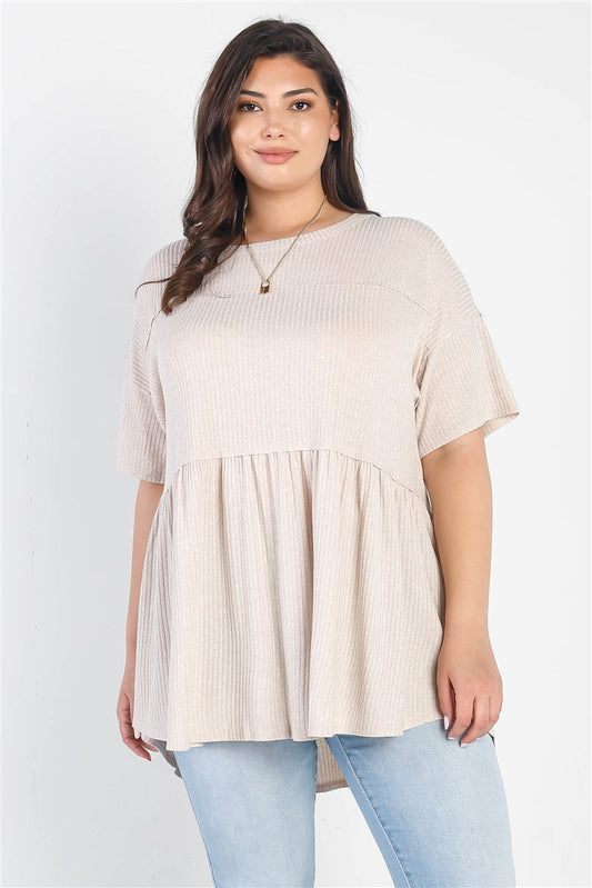 Plus Ribbed Trim Detail Short Sleeve Flare Hem Top Smile Sparker