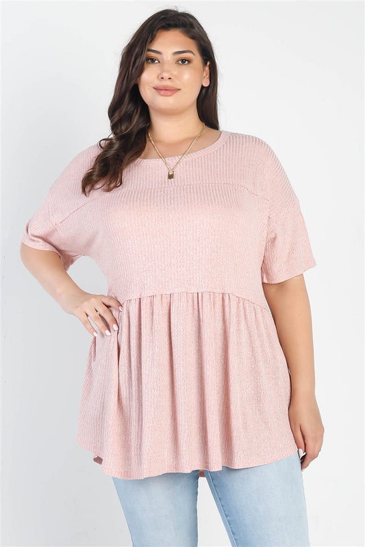 Plus Ribbed Trim Detail Short Sleeve Flare Hem Top Smile Sparker