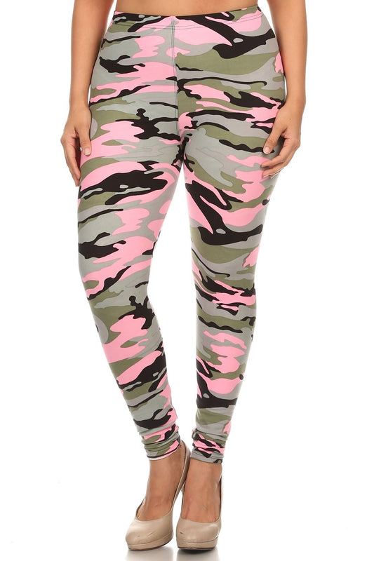 Plus Size Camouflage Printed Knit Legging With Elastic Waistband And High Waist Fit Smile Sparker