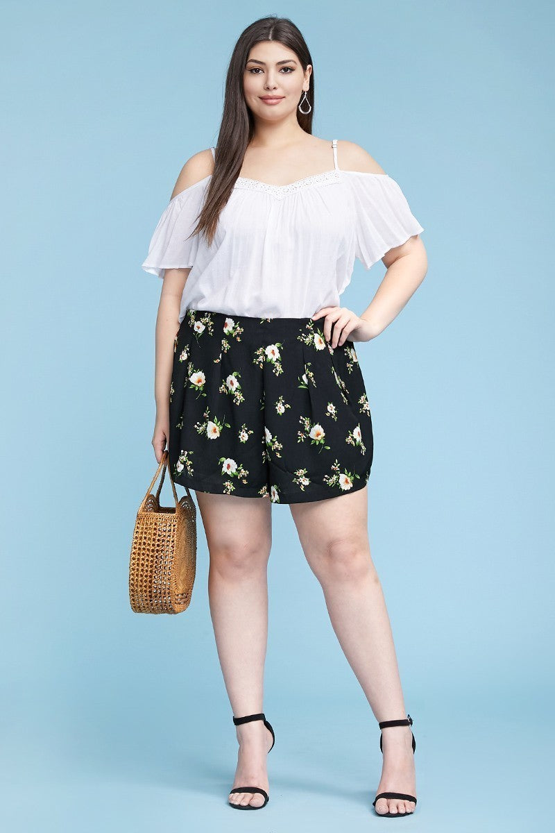 Plus Size Curvy, Floral Print Flowy Shorts Smile Sparker