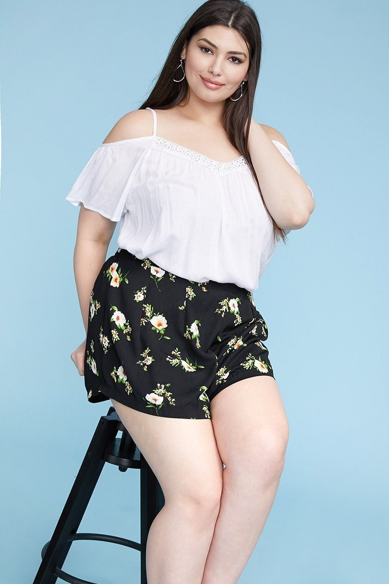Plus Size Curvy, Floral Print Flowy Shorts Smile Sparker