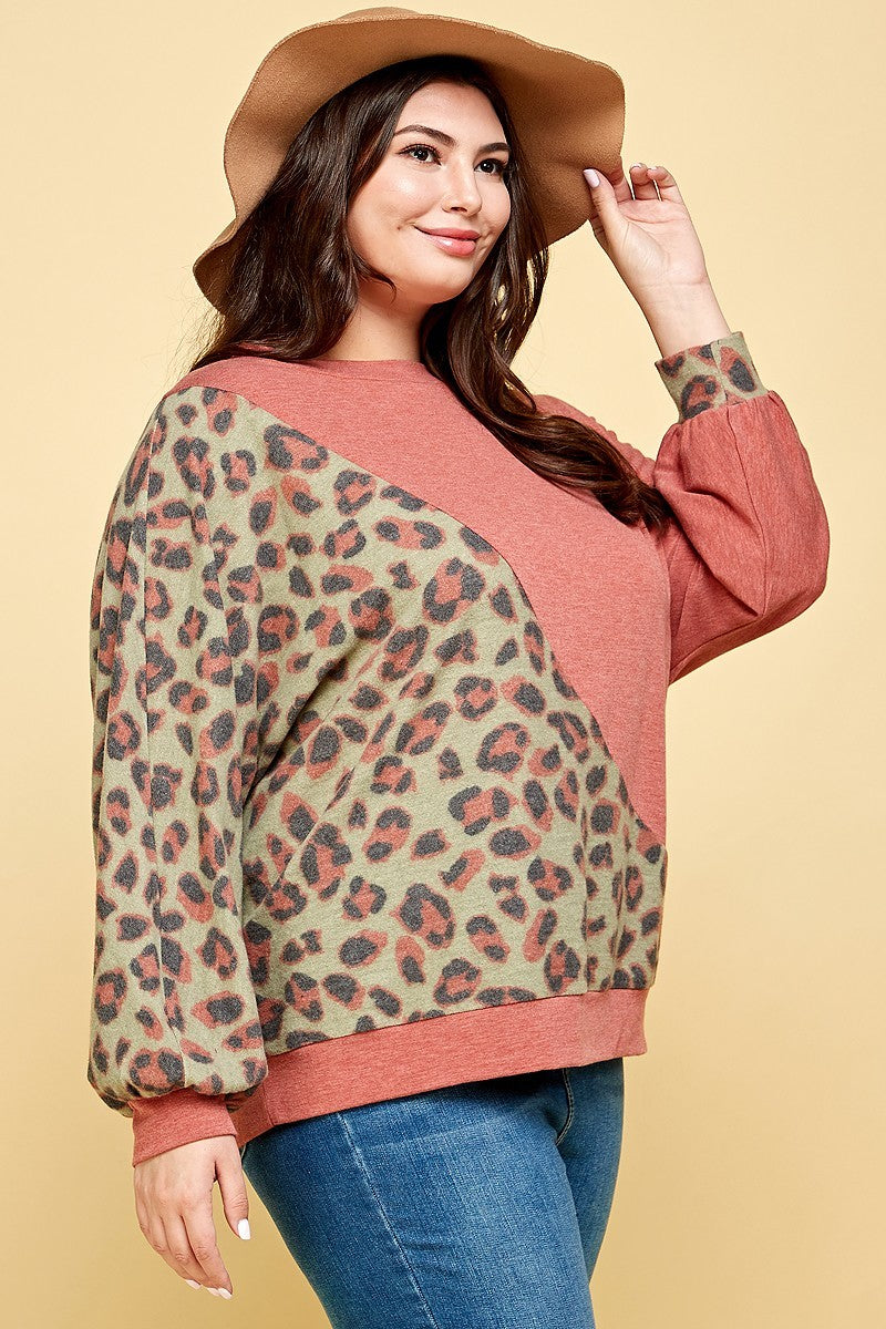 Plus Size Cute Animal French Terry Brush Contrast Print Pullover Smile Sparker