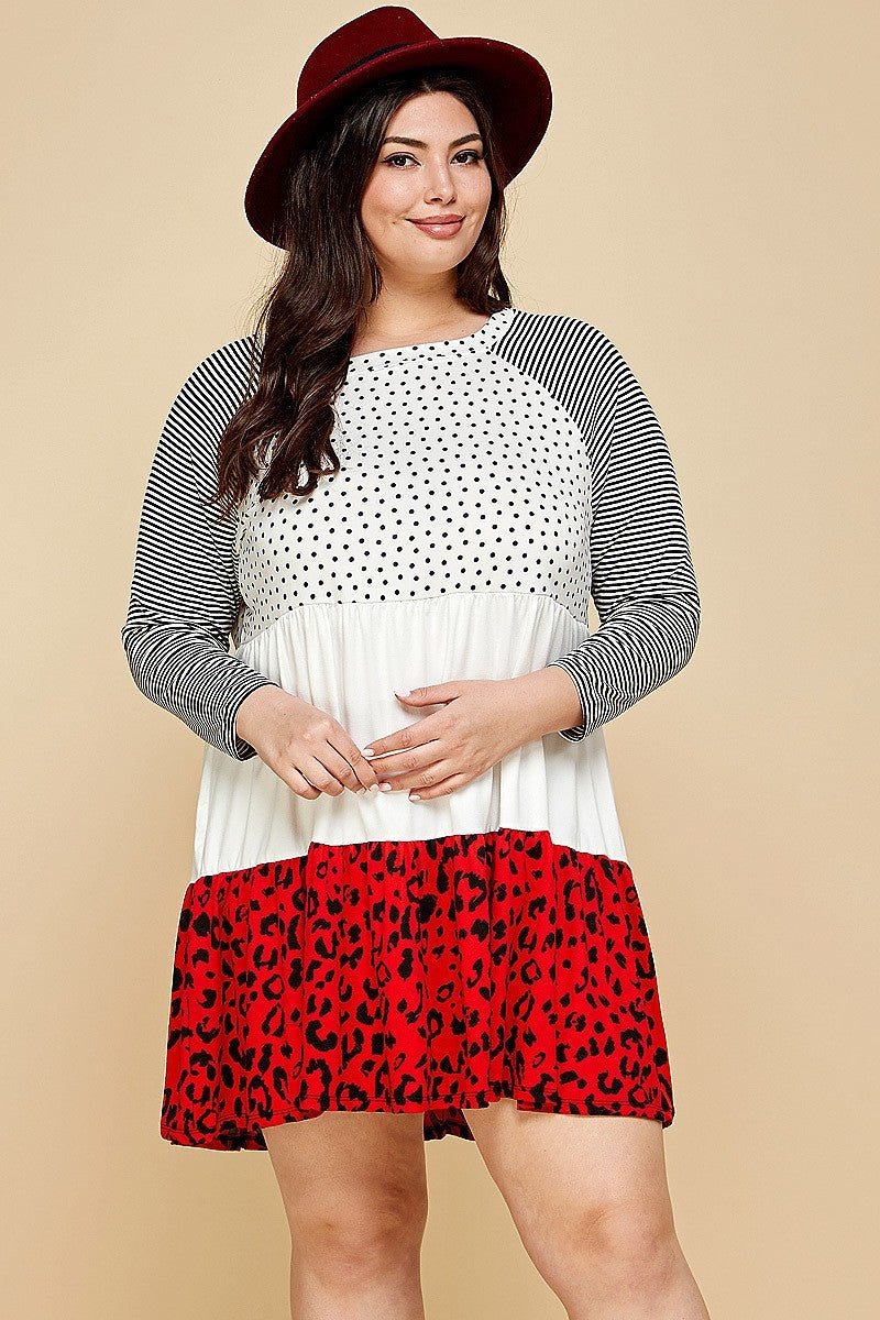 Plus Size Cute Polka Dot And Animal Print Contrast Swing Tiered Dress Smile Sparker